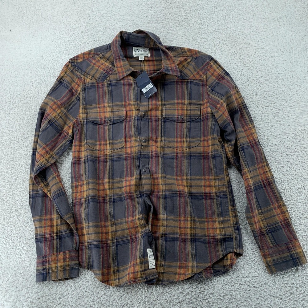 Lucky Brand Shirt Mens Small Gray Plaid Saturday Stretch Western Snap 7MP4096
